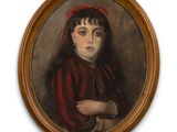 portrait of a young girl in a red dress with a red headband