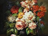 tableau représentant des fleurs dans un vase noir posé sur une table