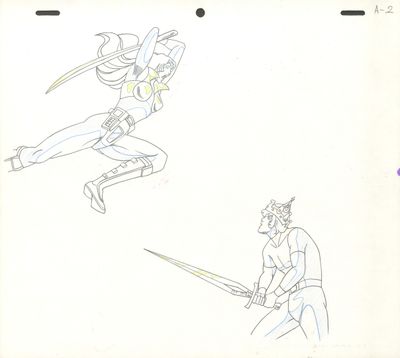 dessin représentant un homme armé d'une épée et un autre homme armé d'une épée