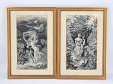 two framed pictures of a woman and a child in a garden