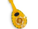 an image of a yellow guitar with a lion on it ' s neck