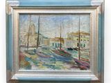 an oil painting of boats in a harbor with buildings in the background