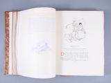 an open book with a drawing of a man and a dog
