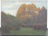 tableau représentant un champ avec des arbres et des buissons en arrière-plan