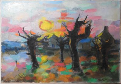 tableau représentant un groupe de personnes debout dans un champ, avec un coucher de soleil en arrière-plan