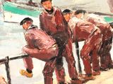 painting of a group of men standing next to each other on a pier