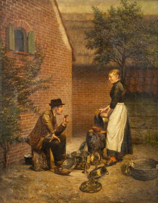 une image représentant un tableau où l'on voit un homme et une femme devant une maison