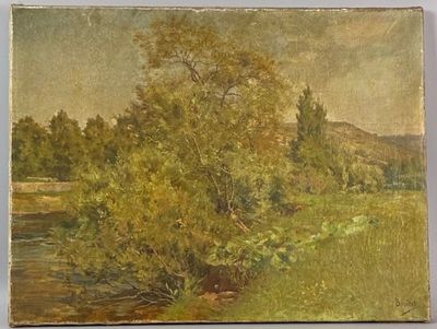 peinture d'un paysage avec une rivière et des arbres au premier plan