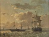 a painting of a ship in the water with other ships in the background