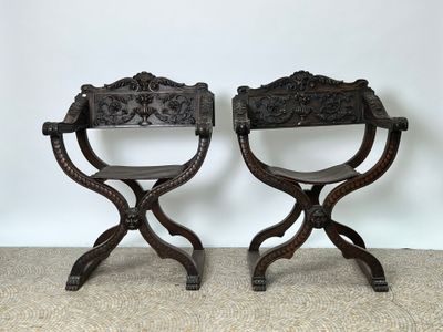 paire de chaises anciennes en bois, avec des accoudoirs et des pieds sculptés