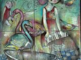 a painting of a woman and two birds in a bathtub