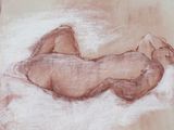 painting of a nude woman laying on her back on a bed