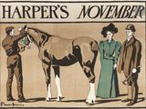 une affiche représentant un cheval et deux personnes debout à côté