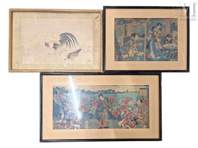 trois tableaux asiatiques encadrés représentant une femme et un chat