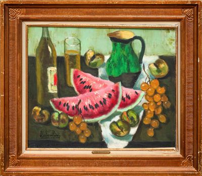 a painting of a watermelon and grapes on a table