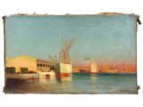 une peinture d'un bateau dans l'eau près d'un bâtiment