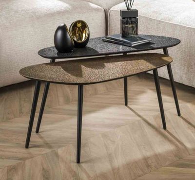 Lot de 2 tables basses galets, en bois et métal gris et bron…