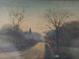 une peinture à l'huile représentant une route de campagne avec une église au loin