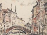 dessin représentant un canal avec un pont et des bâtiments en arrière-plan