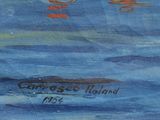 an oil painting of two boats in the water with a sky background
