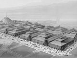 a black and white drawing of a large building with a lot of buildings