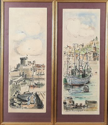 painting of a harbor scene with boats and people sitting on the dock