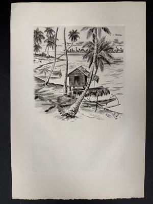 un dessin représentant une maison sur la plage, avec des palmiers en arrière-plan