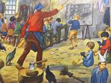 a painting of a teacher teaching children in a classroom
