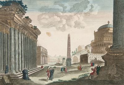 Vue du temple de Saturne et de l'obélisque du temple de Saturne, d'après un dessin de Jean