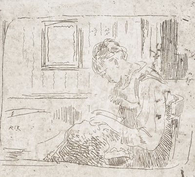 a black and white drawing of a woman sitting on a bed