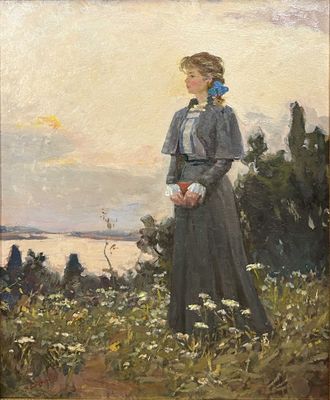 an image of a painting of a woman standing in a field