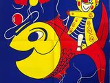 a blue poster with a yellow fish and a man riding a fish