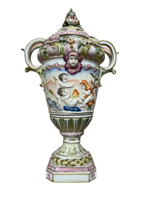 CAPODIMONTE Vase couvert à anses en porcelaine à décor polyc…
