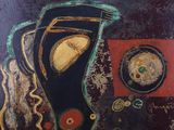 a painting of a vase and a plate of food on a table