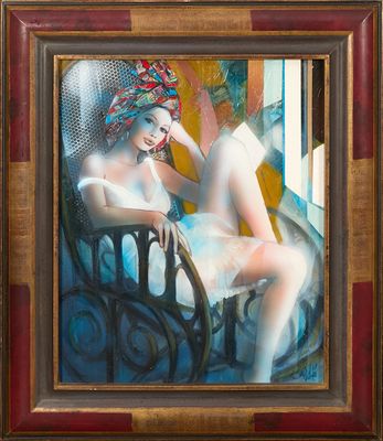 tableau représentant une femme assise sur une chaise, coiffée d'un chapeau