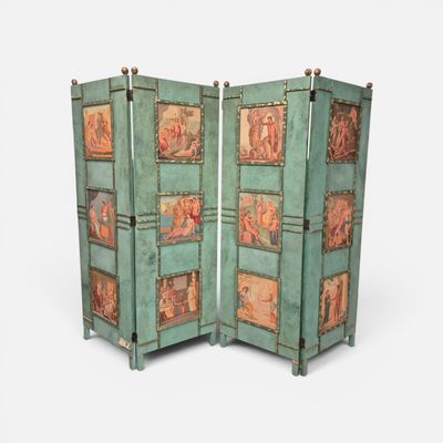 pair of antique painted wooden folding screens with pictures on them