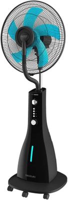 a black and blue fan sitting on top of a stand