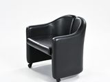 a black leather chair with wheels on a white background