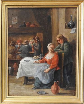an oil painting of a woman sitting at a table in front of a group of people