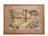 an image of a painting of a cabin in the woods