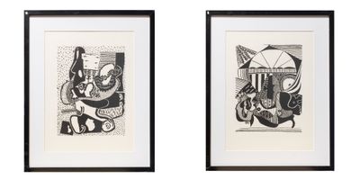 two framed black and white drawings of a woman and a man