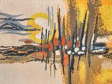 an image of a painting of birds flying over a body of water