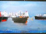 a painting of two ships in the water with a city in the background