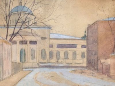 a watercolor painting of a building with a clock tower