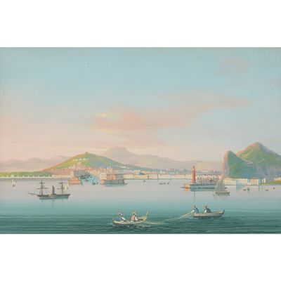 une image représentant un tableau où l'on voit des bateaux sur un plan d'eau, avec des montagnes en arrière-plan