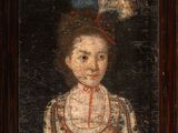 a painting of a woman in a red dress with a blue hat