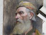 un tableau représentant un homme barbu à côté d'une paire de ciseaux