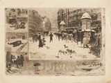a drawing of a street scene with people and horses