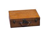 a small brown suitcase with a handle on a white background
