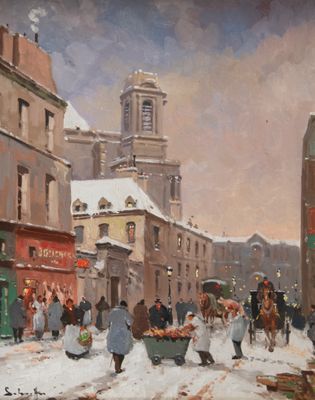 un tableau représentant une scène de rue avec des passants marchant dans la neige